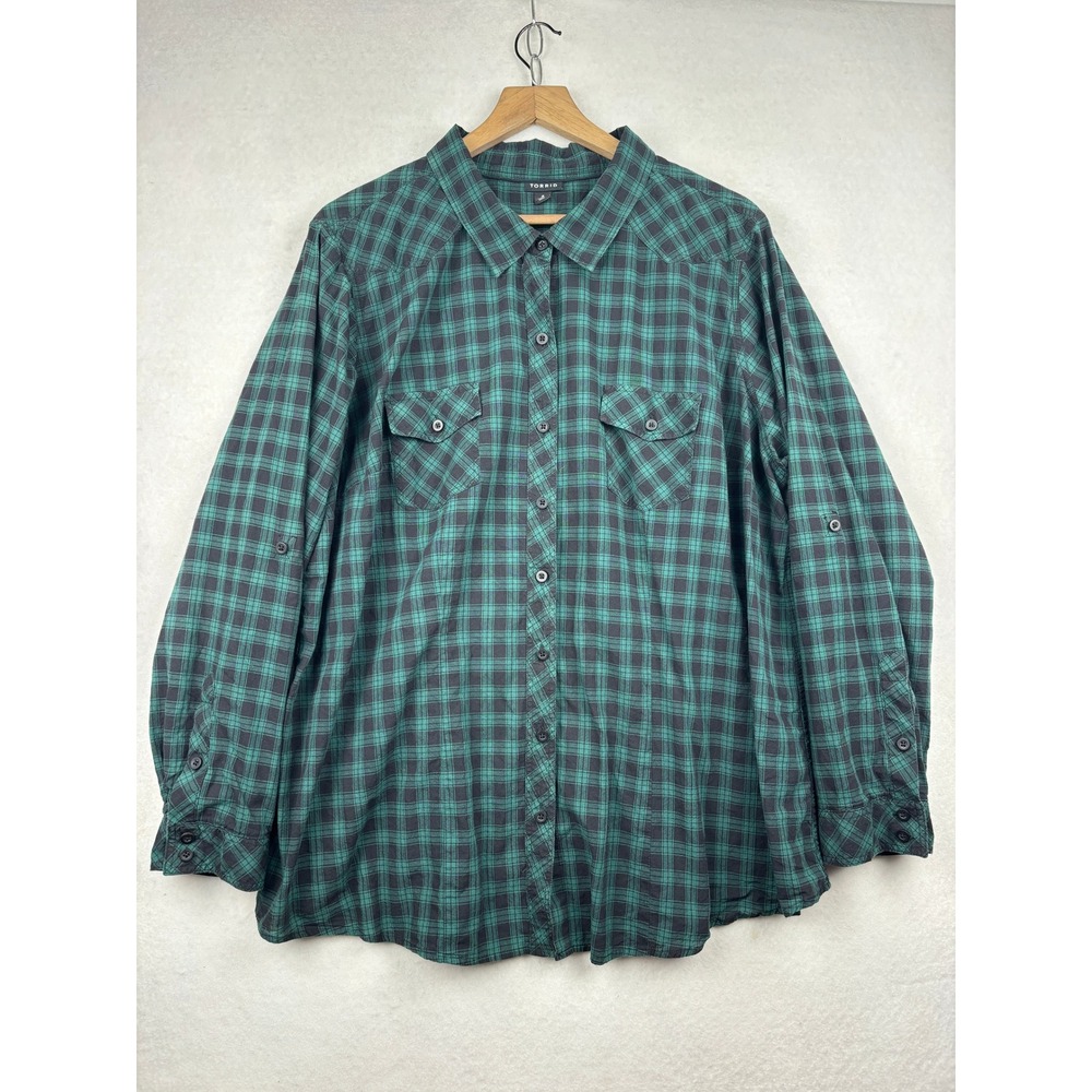 Torrid Womens Button Down Shirt 3 Plaid Relaxed‎ Roll Tab Sleeve Grunge
